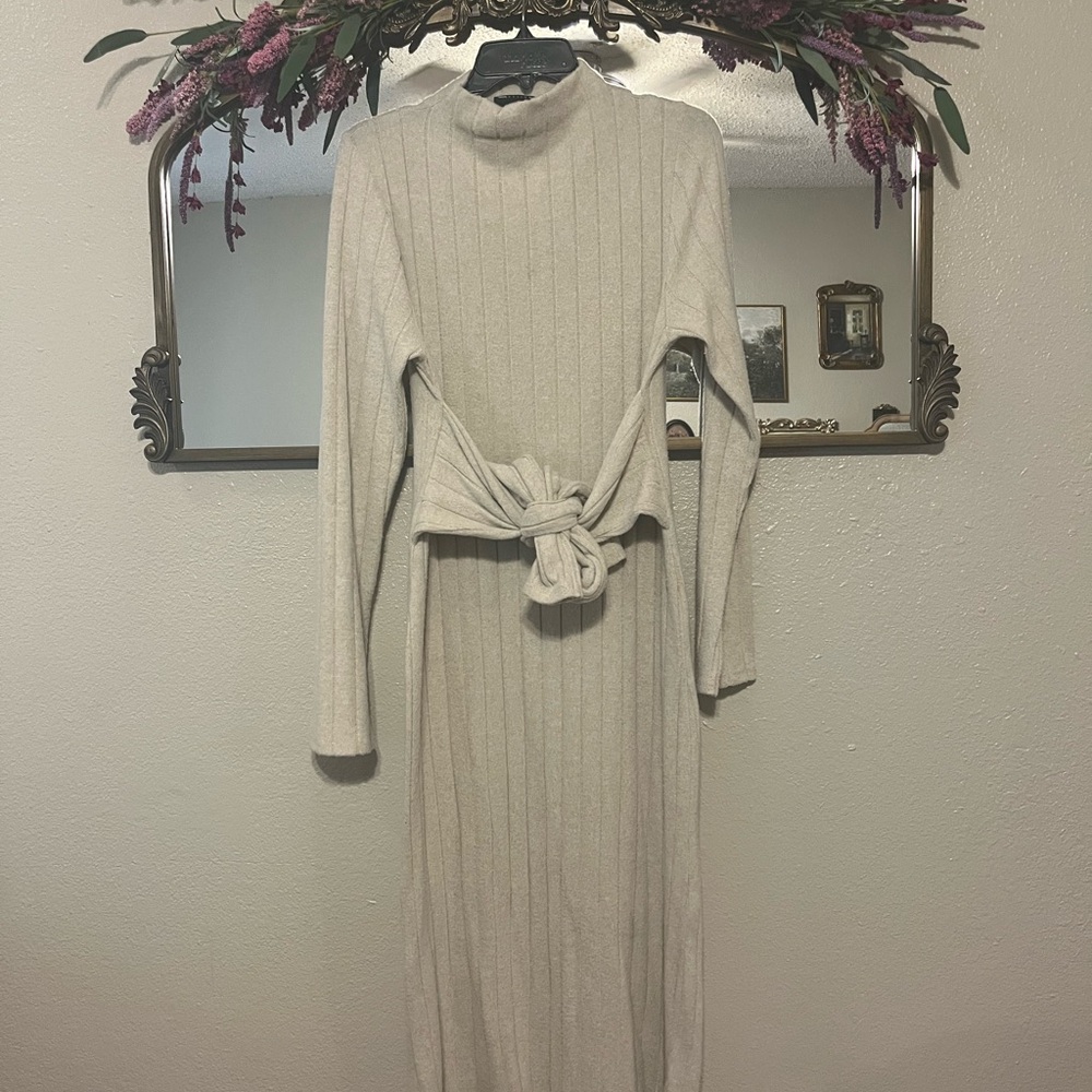 Cream Long Sleeve Mock Neck Sweater Dress